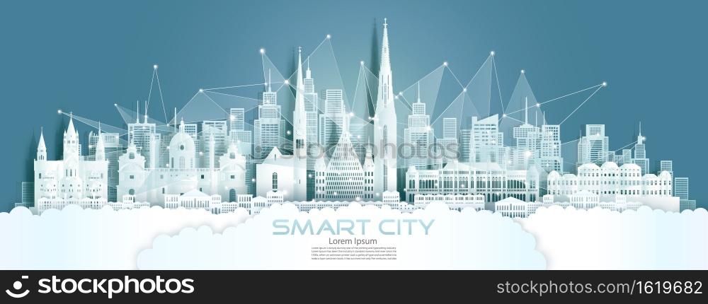Technology wireless network communication smart city with architecture in Austria at europe downtown skyline for design banner technology, Vector illustration futuristic green city and panorama view.