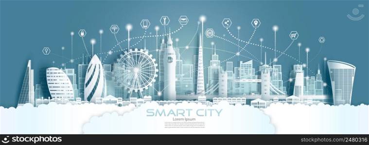 Technology wireless network communication smart city with architecture in England at europe downtown skyline for design banner technology, Vector illustration futuristic green city and panorama view.