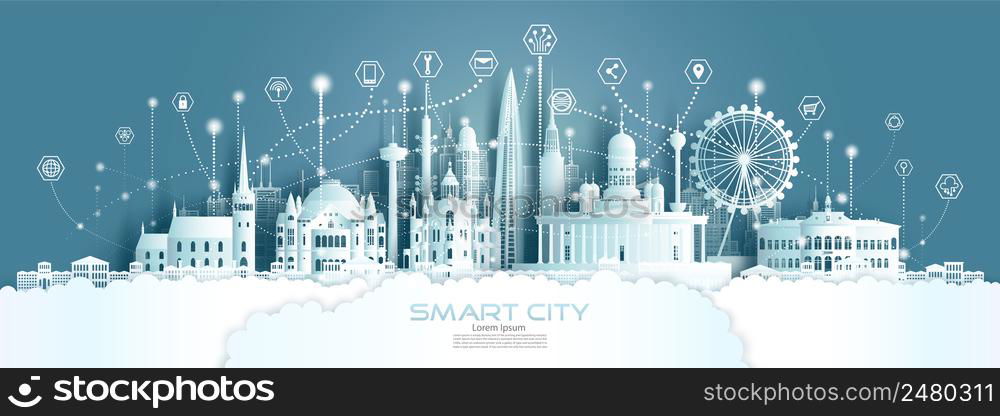 Technology wireless network communication smart city with architecture in Finland at europe downtown skyline for design banner technology, Futuristic green city in helsinki Finland and panorama view.