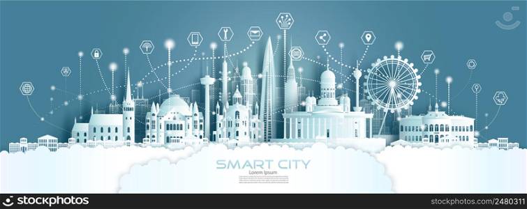 Technology wireless network communication smart city with architecture in Finland at europe downtown skyline for design banner technology, Futuristic green city in helsinki Finland and panorama view.