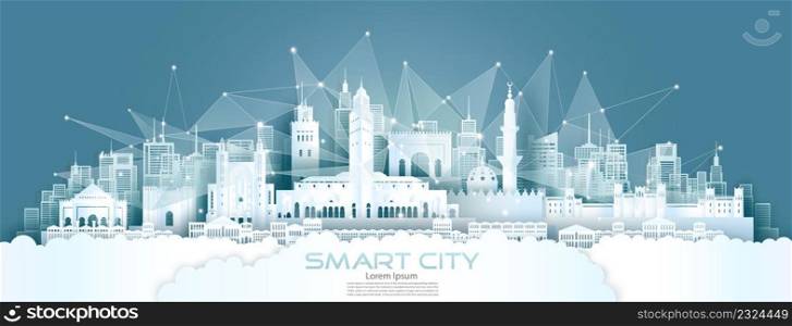 Technology wireless network communication smart city with architecture in Marrakech Morocco at europe skyline for design banner technology, Green city wireless network architecture in Morocco.