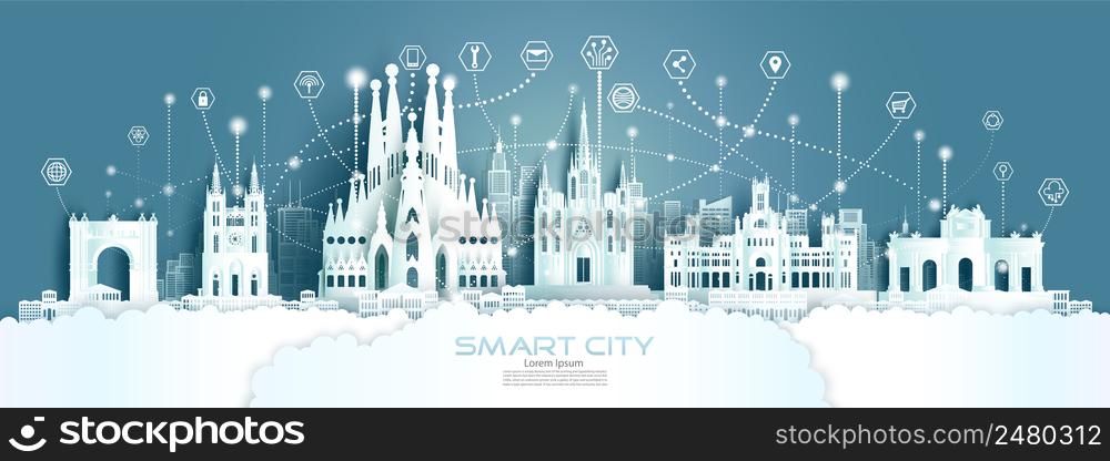 Technology wireless network communication smart city with architecture in Spain at europe downtown skyline for design banner technology, Futuristic green city in barcelona Spain and panorama view.