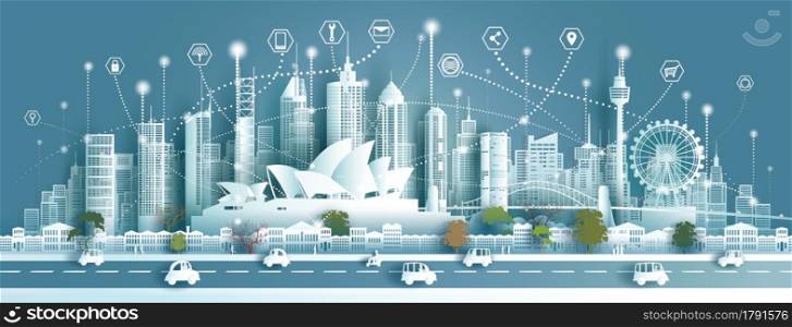 Technology wireless network communication smart city with architecture landmarks Australia at europe skyline for design banner technology, Vector illustration futuristic icon symbol in panorama view.