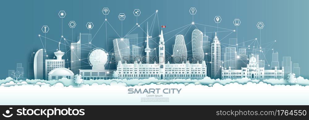 Technology wireless network communication smart city with icon in Canada downtown skyscraper on blue background, Vector illustration futuristic green city and panorama view.