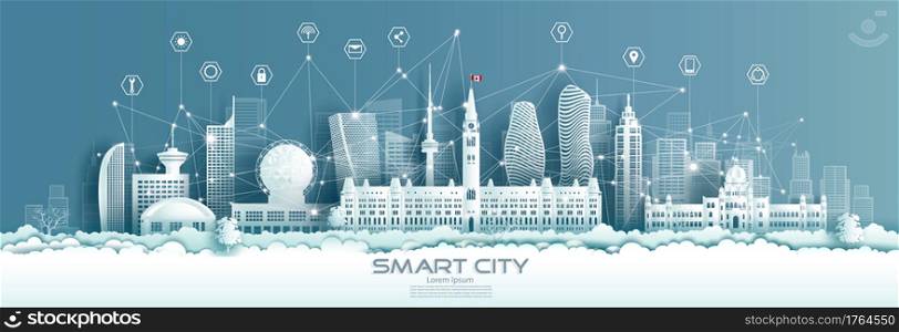 Technology wireless network communication smart city with icon in Canada downtown skyscraper on blue background, Vector illustration futuristic green city and panorama view.