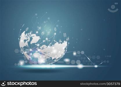 Technology wireless network globe communications system with world map. Point and line composition concept. Global business communication internet network line icon, Vector illustration background.