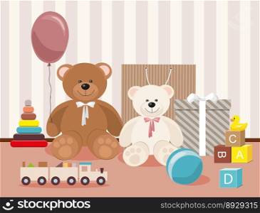Teddy bear and colorful toys wooden toy train vector image
