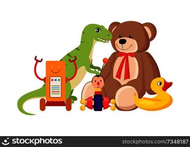 Teddy bear and dinosaur set, collection of toys, toys for children, duck and robot with raised hands, vector illustration isolated on white background. Teddy Bear and Dinosaur Set Vector Illustration