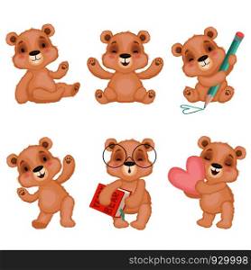 Teddy bear characters. Fluffy cute toys for kids bear vector mascots in various action poses. Set of bear toys, plaything happy illustration vector. Teddy bear characters. Fluffy cute toys for kids bear vector mascots in various action poses