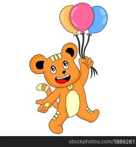teddy bear flying with balloons. cartoon illustration sticker