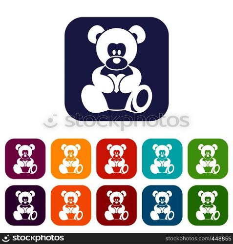 Teddy bear holding a heart icons set vector illustration in flat style In colors red, blue, green and other. Teddy bear holding a heart icons set flat