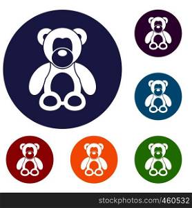 Teddy bear icons set in flat circle reb, blue and green color for web. Teddy bear icons set
