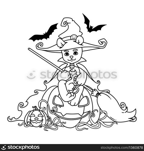 Teddy bear in a witch hat and mantle with a broom in his hands sits on a Halloween pumpkin with black cat and bats. Vector illustration isolated on white background. Print for coloring book and page.