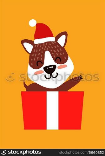 Teddy bear in santa claus hat waving hand from gift box vector illustration isolated orange background. Happy cartoon animal in container for presents. Teddy Bear in Santa Hat Waving Hand from Gift Box