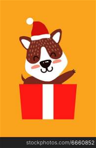 Teddy bear in santa claus hat waving hand from gift box vector illustration isolated orange background. Happy cartoon animal in container for presents. Teddy Bear in Santa Hat Waving Hand from Gift Box