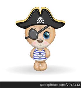Teddy bear pirate, cartoon character of the game, wild animal in a bandana and a cocked hat with a skull, with an eye patch. Character with bright eyes Isolated on white. Teddy bear pirate, cartoon character of the game, wild animal in a bandana and a cocked hat with a skull, with an eye patch. Character with bright eyes