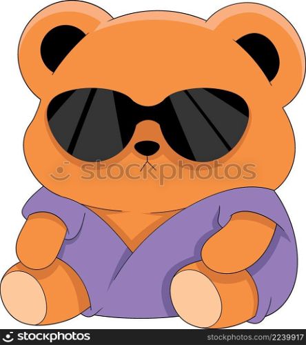 teddy bear sitting wearing a purple shirt and sunglasses, creative illustration design