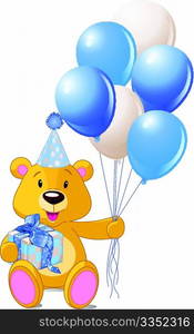 Teddy Bear sitting with blue gift box and balloons