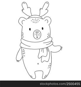 Teddy bear with deer horns. Christmas animal. outline. illustration