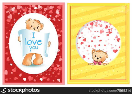 Teddy bear with recognition of love and peeking out from circle decorated by hearts. Valentine colorful postcard, toy with pink bow cartoon character vector. Teddy with Recognition of Love, Valentine Vector