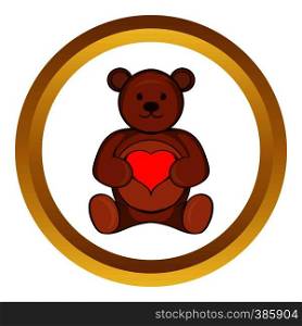Teddy bear with red heart vector icon in golden circle, cartoon style isolated on white background. Teddy bear with red heart vector icon