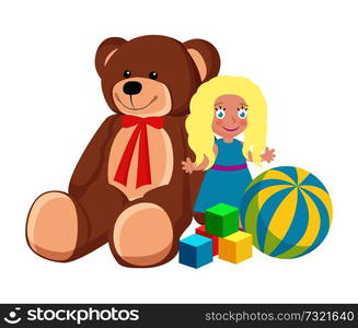 Teddy bear with red ribbon on neck and blonde doll wearing dress, cubes and ball with stripes, Christmas toys set isolated on vector illustration. Teddy Bear and Doll Toys Set Vector Illustration