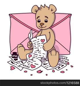 Teddy bear writes a love letter. Valentines day greeting card with hearts and envelope. Print for kids invitations, greetings postcard. Vector illustration isolated on white background.