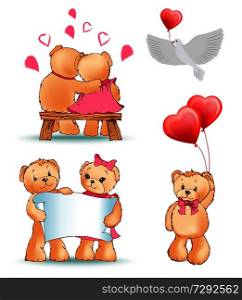 Teddy bears collection, couple in love, characters with sheet of paper, balloon in shape of heart, present and letter, isolated on vector illustration. Teddy Bears Collection Love Vector Illustration