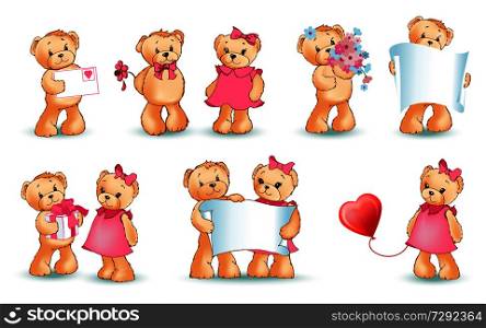 Teddy bears collection on Valentines day, characters with balloons and toys, love letters and flowers, sheet of paper, isolated on vector illustration. Teddy Bears Set Valentine Vector Illustration