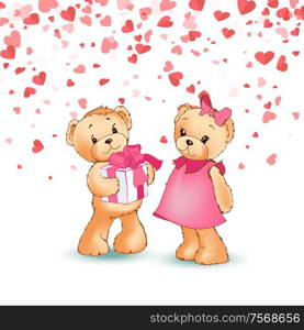 Teddy boy giving gift box to girl, present wrapped wide ribbon, festive card with hearts. Toy character with pink bow, cartoon bear Valentine day vector. Romantic Teddy Boy Giving Gift Box to Girl Vector