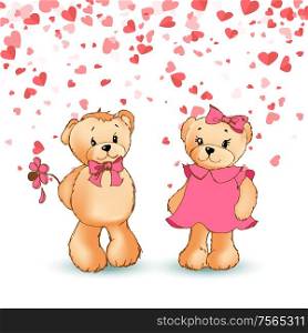 Teddy boy holding flower to girl, festive card with hearts. Bears toys with pink bows, cartoon character vector. Boyfriend and girlfriend Valentine day. Bears Toys with Pink Bows, Valentine Day Vector
