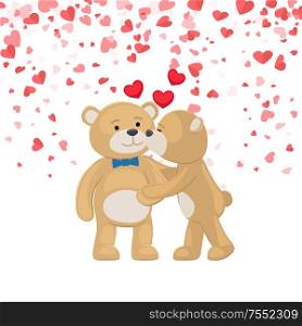 Teddy girl kissing and hugging boy, festive card with hearts. Bear toy with blue bow, cartoon character vector. Boyfriend and girlfriend Valentine day. Teddy Girl Kissing and Hugging Boy Postcard Vector