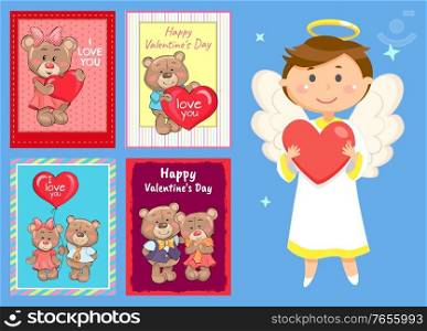 Teddy holding Valentine, postcard decorated by frame. Romantic card with furry bear, boy with wings and nimbus holding heart, greeting with love vector. Card with Teddy and Angel, Valentine Day Vector