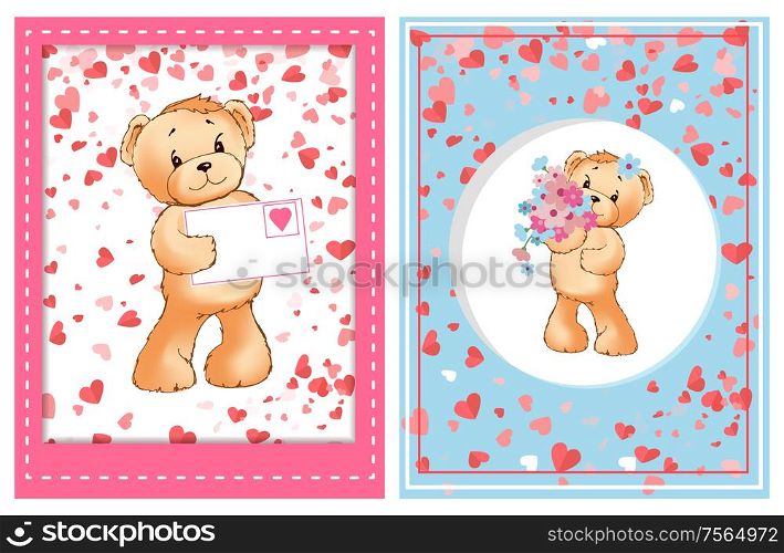 Teddy holding Valentine postcard decorated by pink frame, toy with flowers in center of round adorned by hearts. Romantic card with furry bear vector. Valentine Furry Bear with Flower and Letter Vector