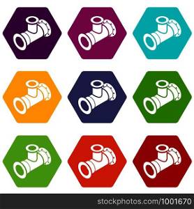 Tee pipe icons 9 set coloful isolated on white for web. Tee pipe icons set 9 vector