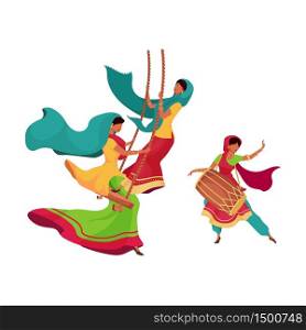 Teej festival celebration flat color vector faceless characters. Female on swing. Performer with drum. Woman in traditional saree isolated cartoon illustration for web graphic design and animation. Teej festival celebration flat color vector faceless characters