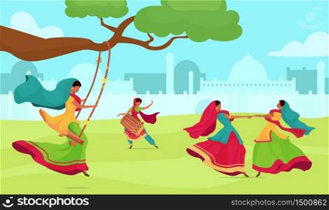 Teej festival flat color vector illustration. Woman dance and sing. Traditional religious ceremony. Female in sari on swing on field. Indian woman 2D cartoon characters with cityscape on background. Teej festival flat color vector illustration