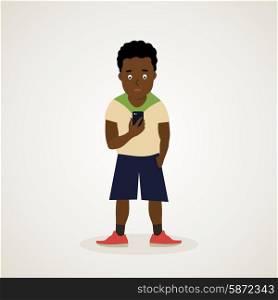 Teen African American holds the phone in his hand. Vector illustration