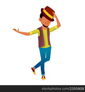 Teen Boy Dancing Attractive Active Dance Vector. Hispanic Teenager Wearing Hat Listening Music And Dancing. Latin Character Dancer Activity And Leisure Time Flat Cartoon Illustration. Teen Boy Dancing Attractive Active Dance Vector