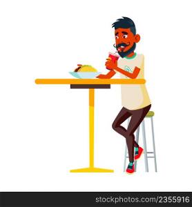 Teen Boy Eating Fast Food And Drinking Vector. Indian Teenager Enjoying Nutrition And Drinking Soda Drink In Cafeteria. Character Eating Burrito And Refreshing Sweet Beverage Flat Cartoon Illustration. Teen Boy Eating Fast Food And Drinking Vector