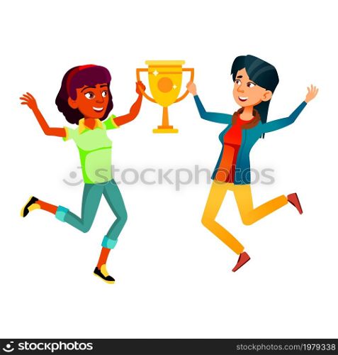 Teen boy girl with trophy cup. school gold medal. young kid. contest student. vector character flat cartoon Illustration. Teen boy girl with trophy cup vector