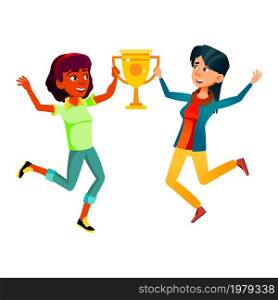 Teen boy girl with trophy cup. school gold medal. young kid. contest student. vector character flat cartoon Illustration. Teen boy girl with trophy cup vector