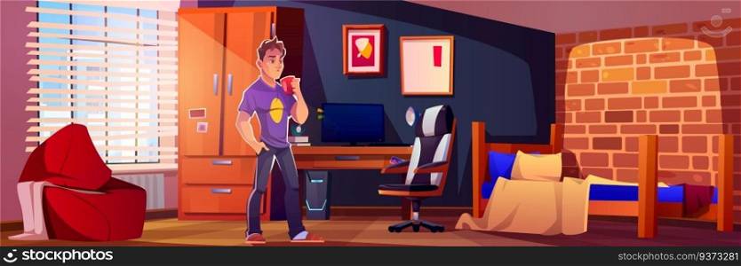 Teen boy in bedroom vector cartoon home interior background. Children house with study desk, drawer and poster. Geek or gamer teenager character design with window and computer in dorm apartment.. Teen boy in bedroom vector cartoon home interior