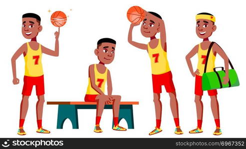 Teen Boy Poses Set Vector. Black. Afro American. Cute, Comic. Joy. For Postcard, Announcement, Cover Design Isolated Cartoon Illustration. Teen Boy Poses Set Vector. Black. Afro American. Active, Expression. For Presentation, Print, Invitation Design. Isolated Cartoon Illustration