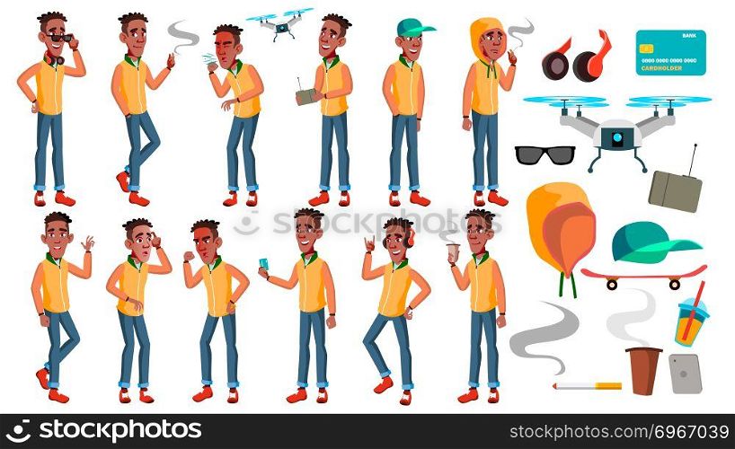 Teen Boy Poses Set Vector. Black. Afro American. Pretty, Youth. For Postcard, Announcement, Cover Design Isolated Cartoon Illustration. Teen Boy Poses Set Vector. Black. Afro American. Caucasian, Positive. For Presentation, Print, Invitation Design. Isolated Cartoon Illustration