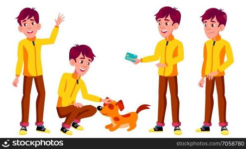 Teen Boy Poses Set Vector. Pet, Dog. Emotional, Pose. For Advertising, Placard Print Design Isolated Illustration. Teen Boy Poses Set Vector. Pet, Dog. Emotional, Pose. For Advertising, Placard, Print Design. Isolated Cartoon Illustration