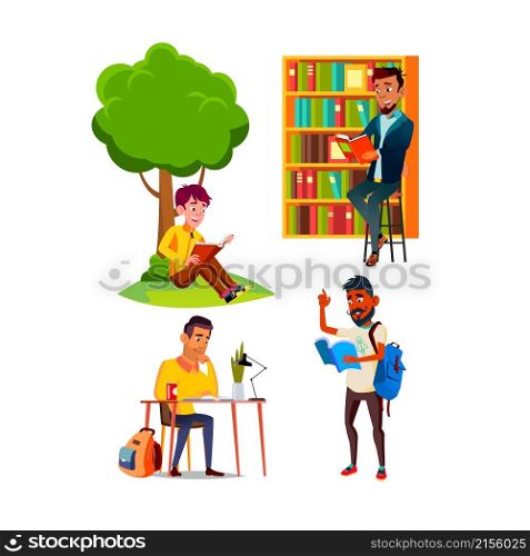teen boy reading book set school study. read kid. student male. happy teenager. home person. youth education. learn homework people vector illustration people vector illustration. teen boy reading book set vector