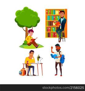 teen boy reading book set school study. read kid. student male. happy teenager. home person. youth education. learn homework people vector illustration people vector illustration. teen boy reading book set vector