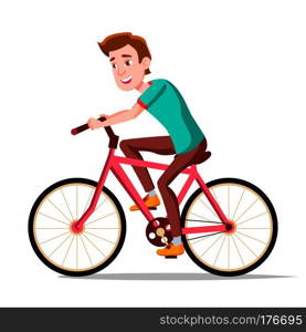 Teen Boy Riding On Bicycle Vector. Healthy Lifestyle. Bikes. Outdoor Sport Activity. Illustration. Teen Boy Riding On Bicycle Vector. Healthy Lifestyle. Bikes. Outdoor Sport Activity. Isolated Illustration