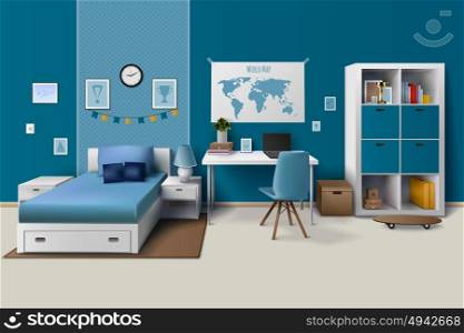 Teen Boy Room Interior Realistic Image . Teen boy room interior design with trendy workspace for homework cupboard and bed in blue realistic vector illustration.